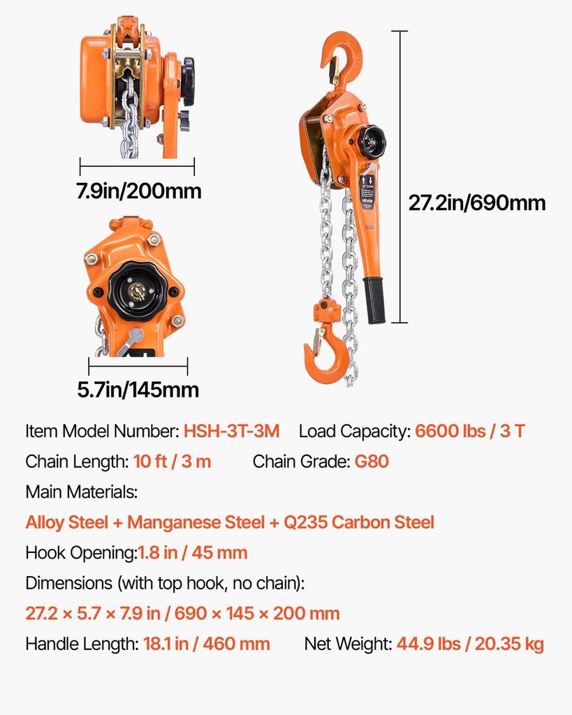 Manual Lever Chain Hoist, 3T 3000KG Capacity Heavy Duty Come Along, 3M Lift G80 Alloy Steel Chain With Dual Pawl Mechanical Brake, 360° Rotating