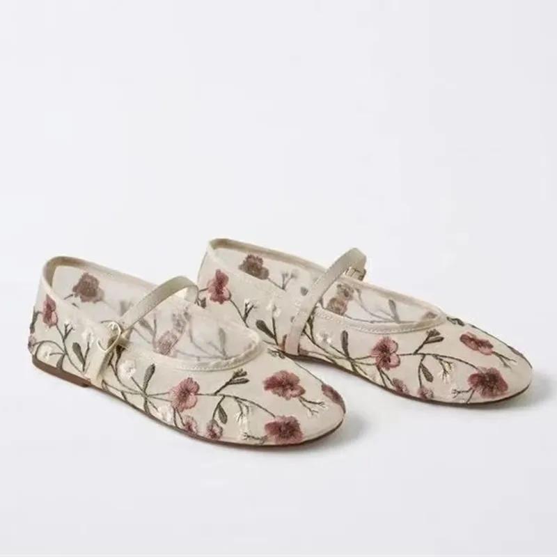 Mesh Embroidered Leisure Ballet Flats Women Breathable  Sandals Female Comfort Fashion Dress Shoes Ladies Mary Jane Shoes