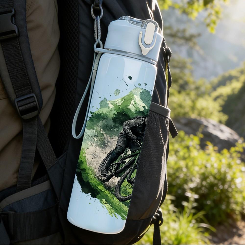 1PC Mountain Biker Cyclist Nature Print 750ml Color Plastic Sports Water Bottle Leakproof Flip Straw Lid Suitable for Sports Office Home Use