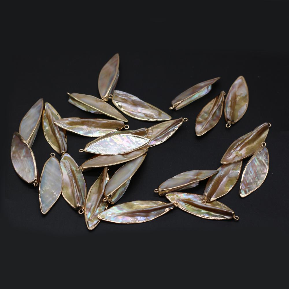 3Pcs, Natural Shell Pendant, Boho Handmade Golden Leaves Charms, for DIY Necklace Accessories, Jewelry Creative Making, Unique Unisex Crafts 1.5×5cm