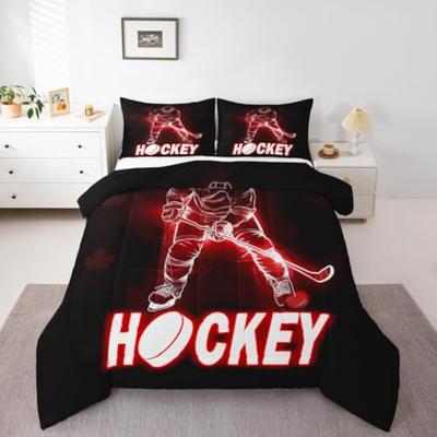 Red Ice Hockey Full Size Bedding Set Neon Green 3D Honeycomb Comforter Set,Pucks Gifts Sports For Boys Girls Kids Bedroom Decor