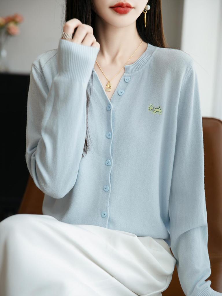 2025 Early Autumn Slimming Embroidered Cardigan - Women's Long Sleeve Notched Collar Knitwear