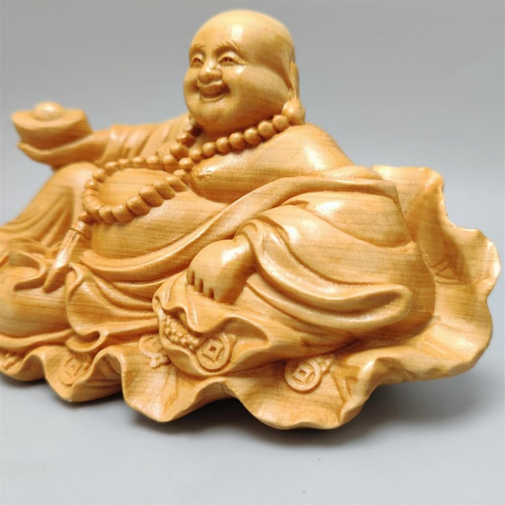 Ornament Financial Luck Seven Lucky Gods Hotei God Carved Wooden Ornament Cloth Bag with Lotus Leaf Maitreya Bodhisattva Good Luck Financial Luck