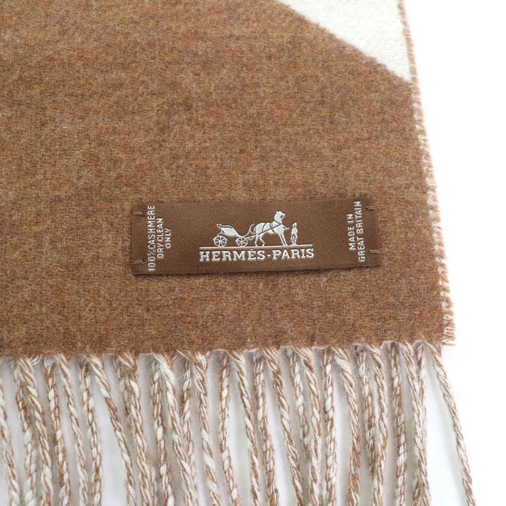 Excellent HERMES Scarf Cazac Chevron Reversible with fringe Brown white cashmere Women Used