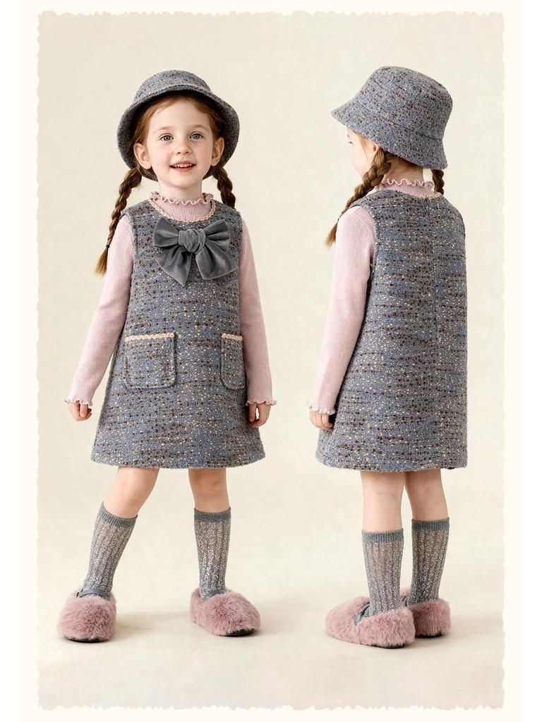 Tongbei 2025 Winter Girls' Sweet Bow Wool Sleeveless Dress