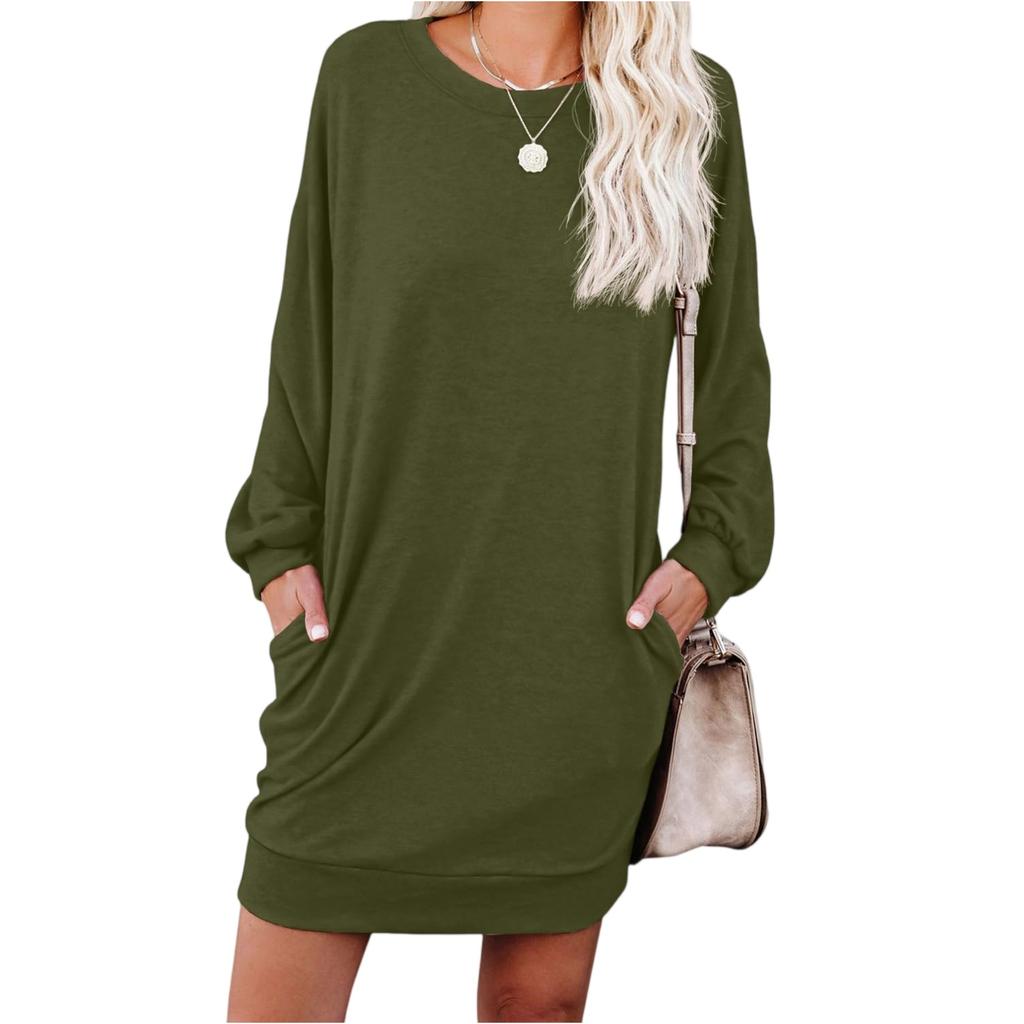 Women's Fashionable Long-sleeved Solid-color Round-neck Pocket Dress