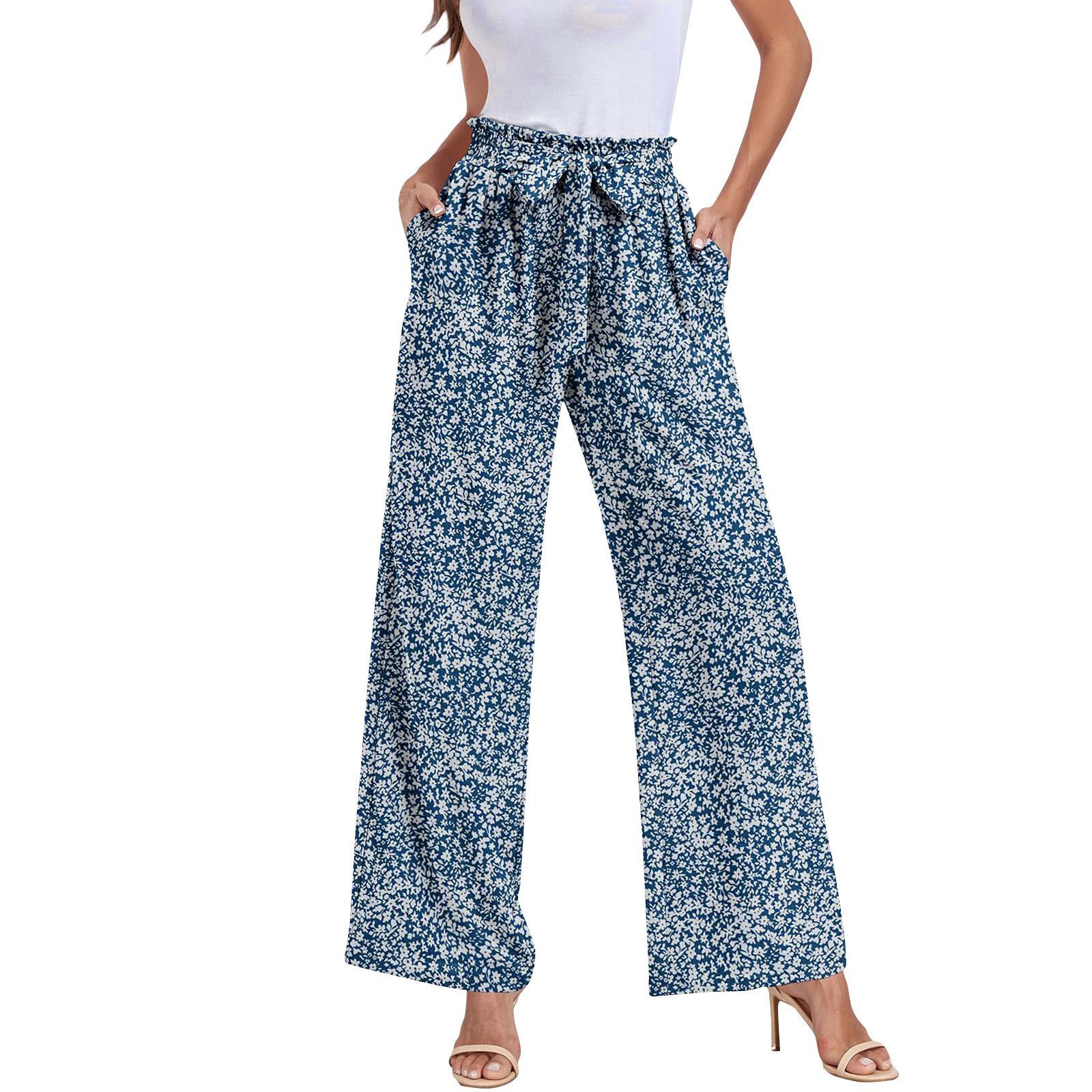 

Women s Fashion Wide Leg Pants Bow Loose High Waist Pleated Casual Print Trousers XXL