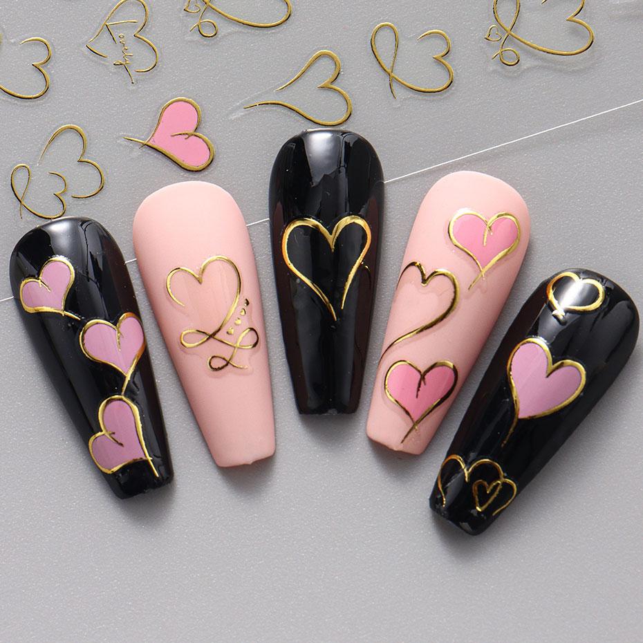Heart Nail Decals 3D Red Pink Golden Love Design Nail Stickers Adhesive Valentine Sweet Nail Manicure Slider