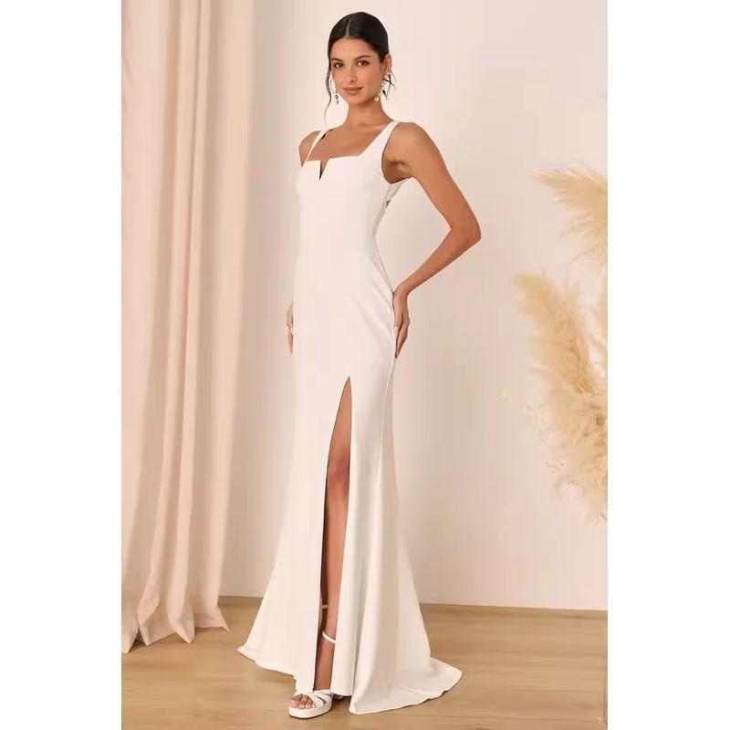 

Export Single Lu Home Steel Ring Deep V-neck Sleeveless Open Back Socialite Temperament Split Evening Dress Party Dress Trailing Skirt White XL