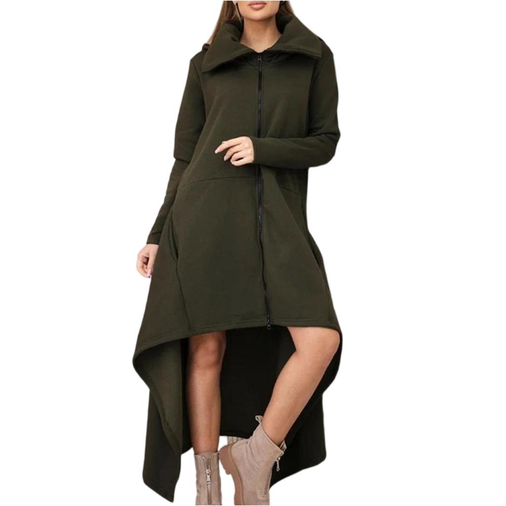 Women's Fashionable Solid Color Long Sleeved Hooded Long A-line Skirt Loose And Versatile Sweatshirt Jacket