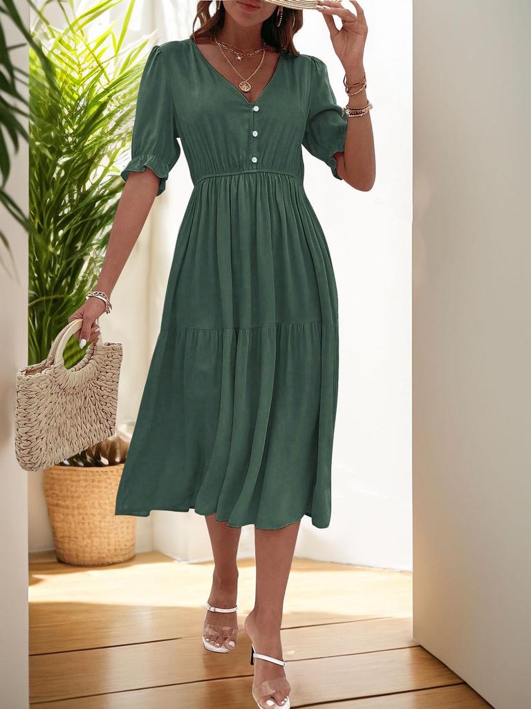 2025 European & American Summer Women's V-neck Solid Color Waist-cinching Dress