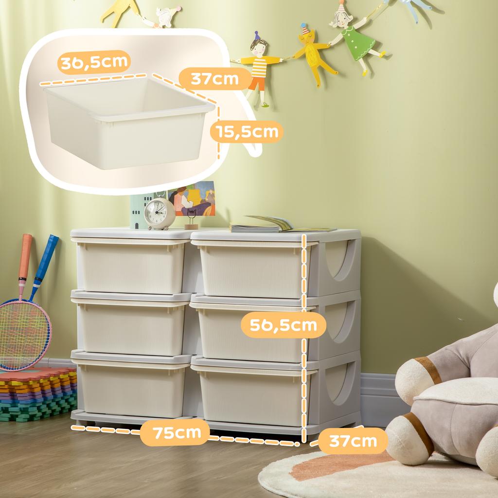 3-Tier Children's Toy Organizer with 6 Drawers, Plastic Storage Boxes, 75x37x56.5cm, Cream