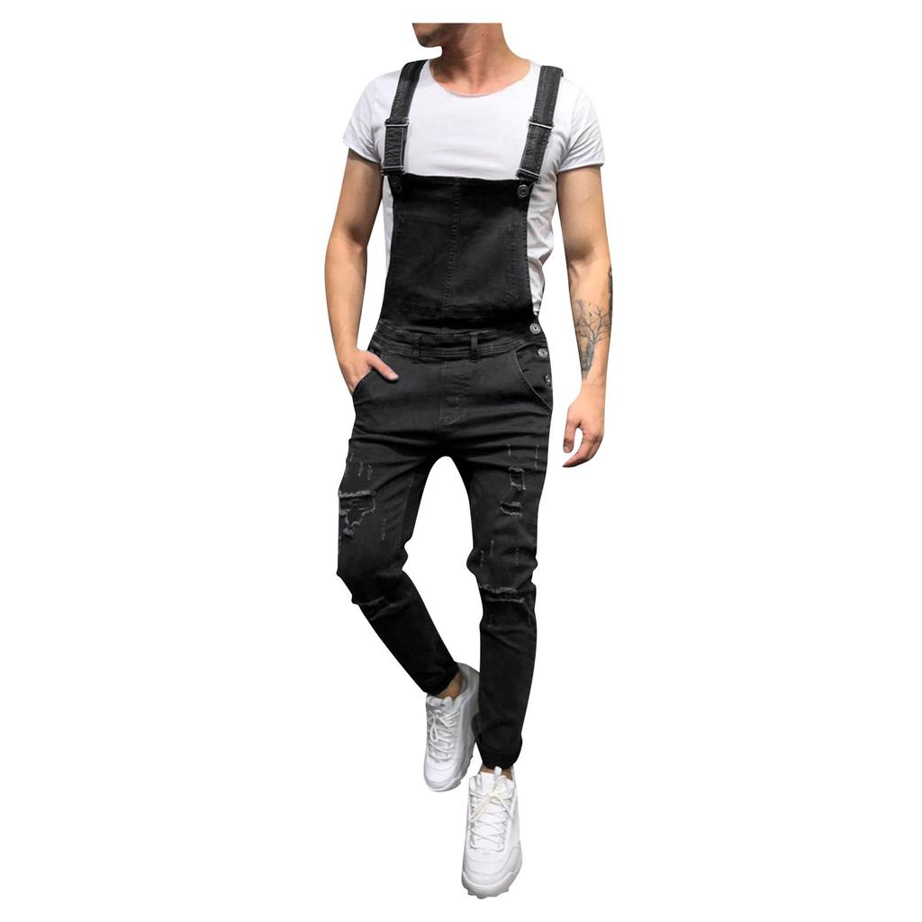 Mens Washed Denim Bib Jeans Overalls Casual Ripped Denim Jumpsuits Rompers