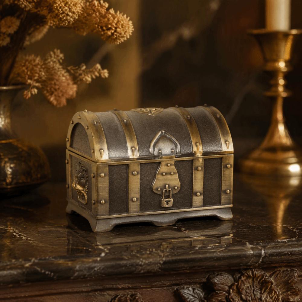 Zinc Alloy Jewelry Storage Case Engraved Pattern Metal Treasure Chest Dresser Tabletop