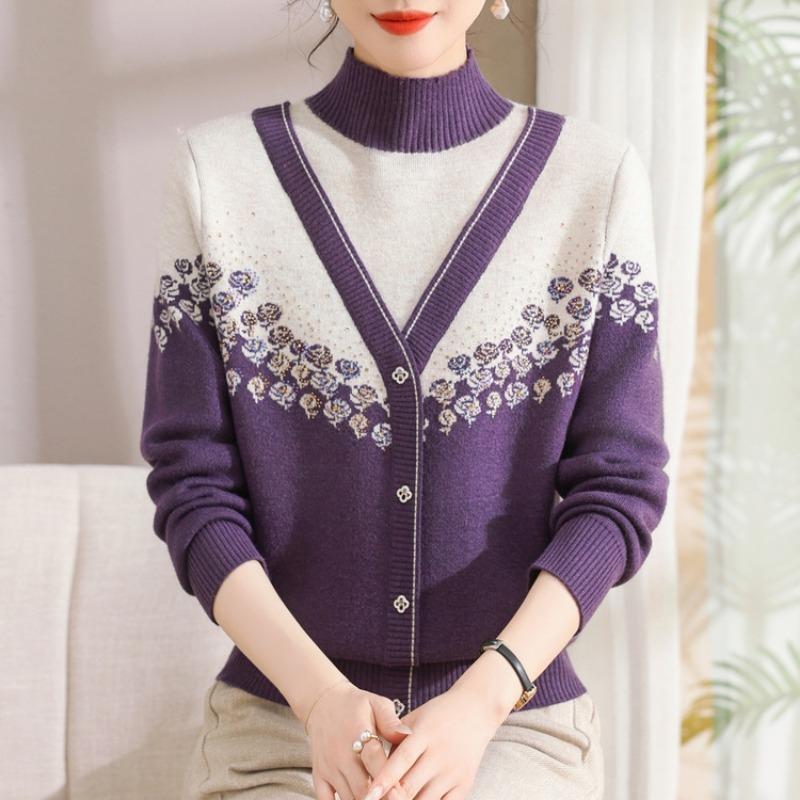 

Мама осень и зима утолщенный вязаный свитер фальшивый двухслойный топ интегрированный флис женский зимний флисовый свитер нижняя рубашка 3XL фиолетовый