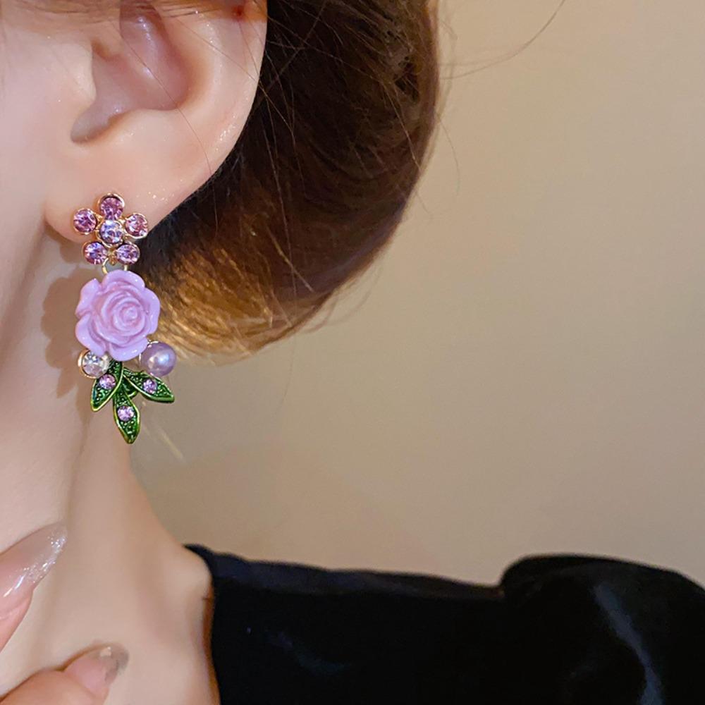 Pearl Rose Flower Necklace Rhinestone Women Jewelry Temperament Stud Earrings  Vacation