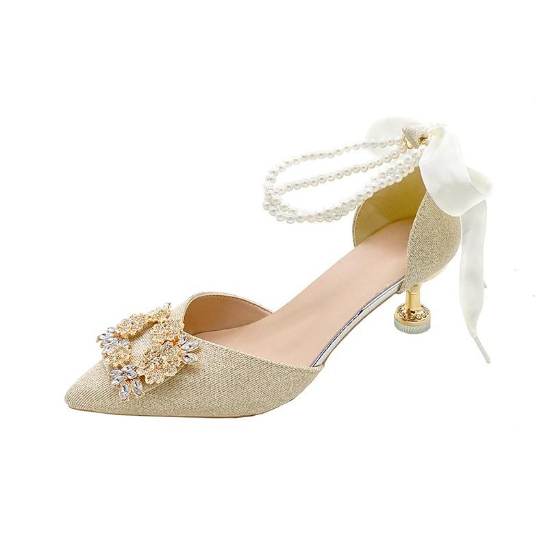 Fashion Pearl Chain Rhinestone Square Buckle High Heels Women's Pointed Toe Shallow Mouth Anti-Slip Wear-Resistant Stiletto Sandals