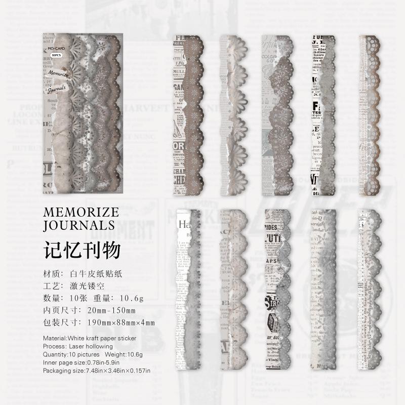 10-Sheet Vintage Long-Strip Lace Stickers, Delicate Lace Patterns for Hand Account Decoration & DIY Crafts
