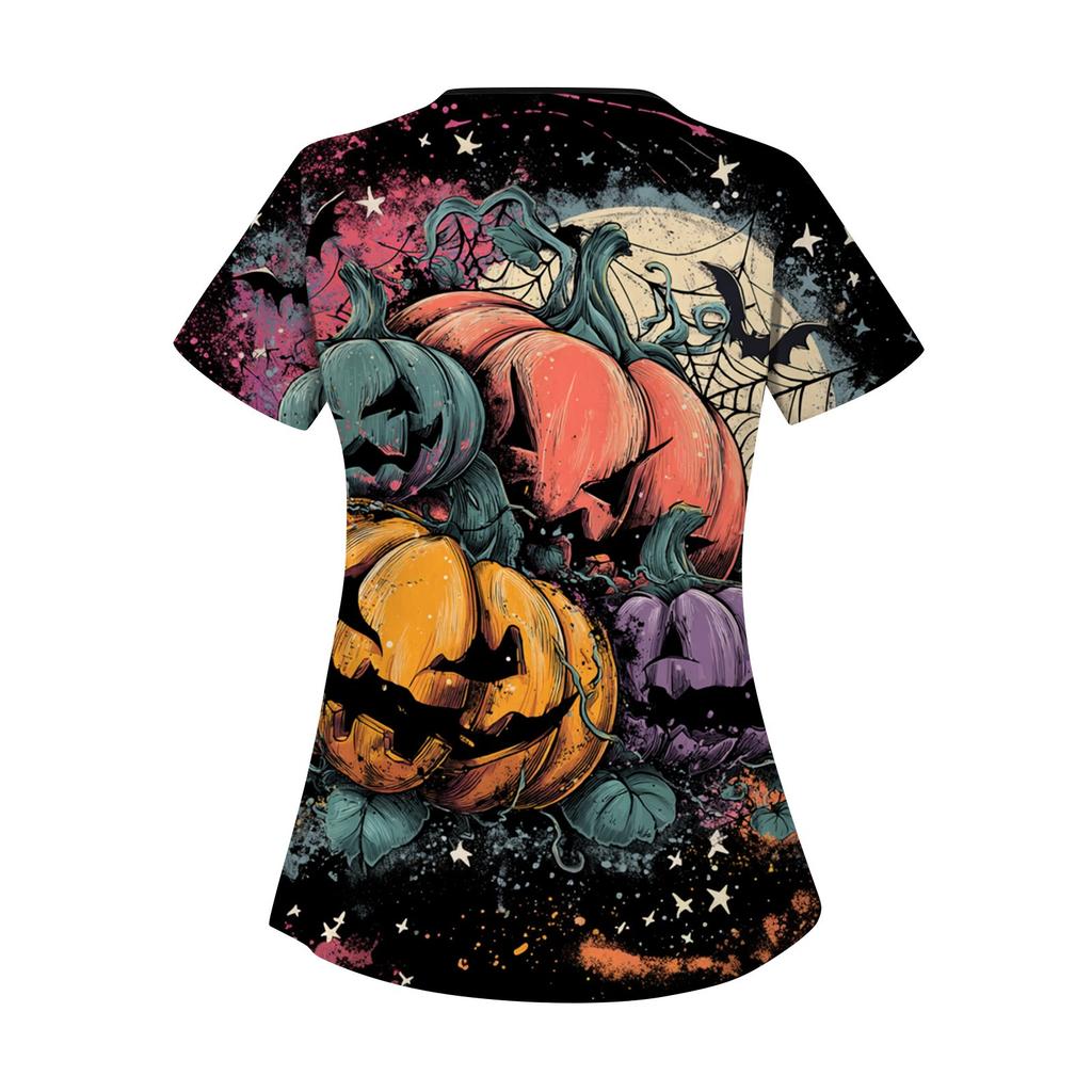 Dámské potištěné pracovní oblečení, šikmý límec a dvojité kapsy, základní top pulovr