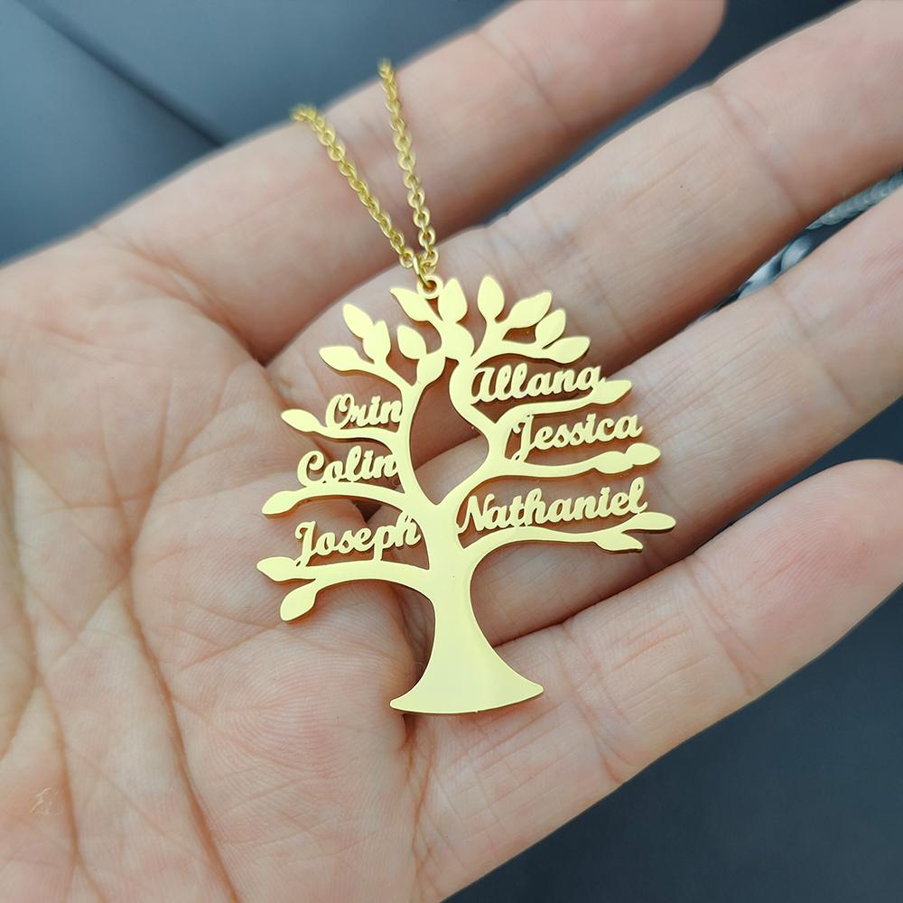 

Custom Tree Of Life Necklace Personalized Mother Kids Family Member Names Gold Stainless Steel Pendant choker Jewelry Gifts 55CM&6 NAME