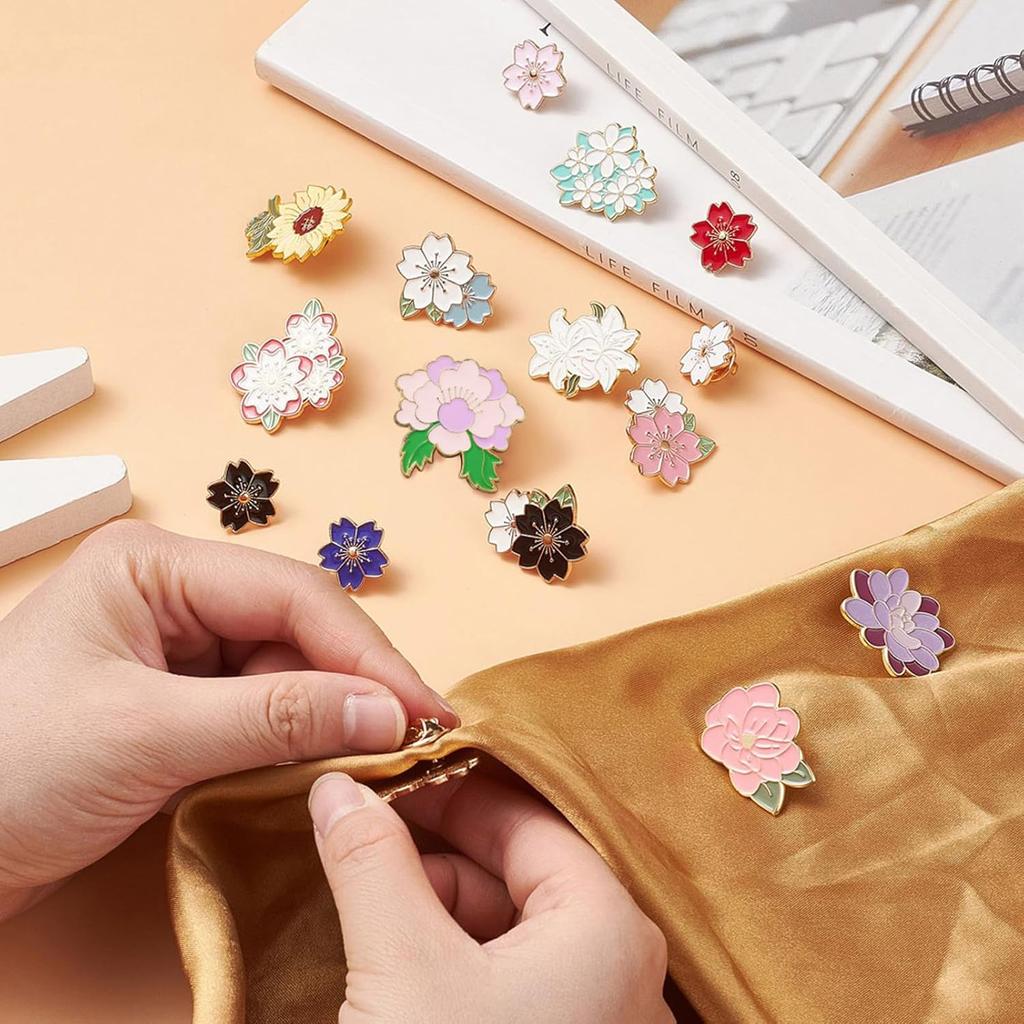 Fashewelry 16pcs Flower Enamel Brooch Pins Set Cherry Blossom Lapel Pins Cute Floral Alloy Badge Pins for DIY Backpacks Clothes Bags Jackets Hat