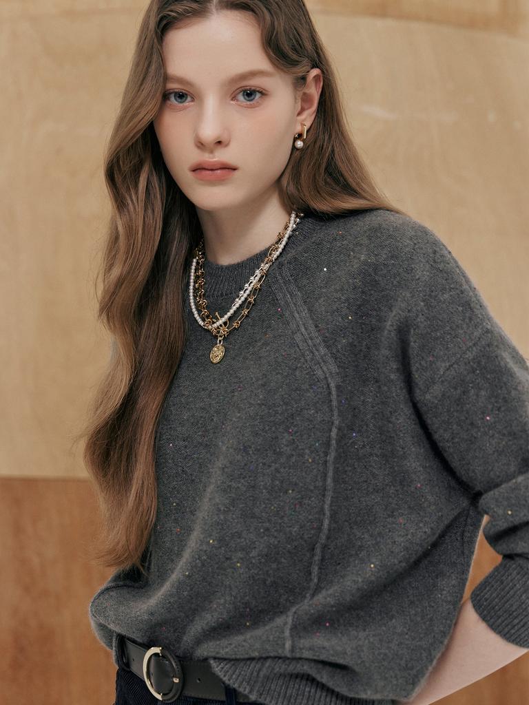 MAXZA Color Sequin Mix Raglan Round Neck Knit