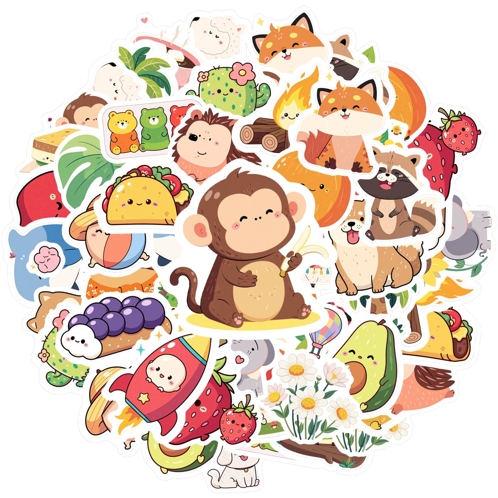 

35pcs Whimsical Food Stickers Cartoon Animals Stickers Sticker Pack For Laptop Motorcycle Luggage Phone Notebook DIY
