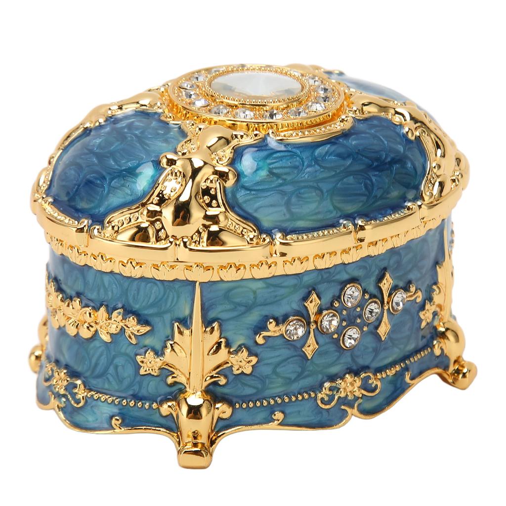 Oval Rhinestone Jewelry Box Ring Retro Engraved Earrings Necklace Storage Organizer Box Gold Edge Royalblue