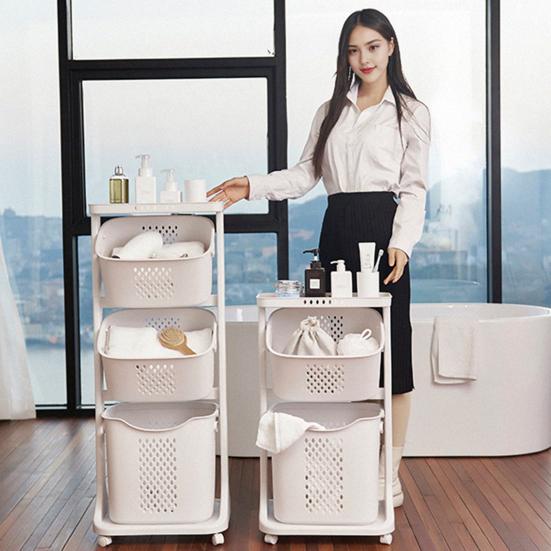 Yousheng Multi-Tier Rolling Laundry Hamper Dirty Clothes Basket Cart with Removable Basket Top Shelf Wheeled Laundry Storage Cart for Bedroom Bathroom