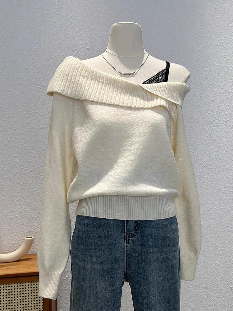 Women's Lace Off-The-Shoulder Long-Sleeve Knit Sweater Coat - Faux Two-Piece Design for Autumn/Winter