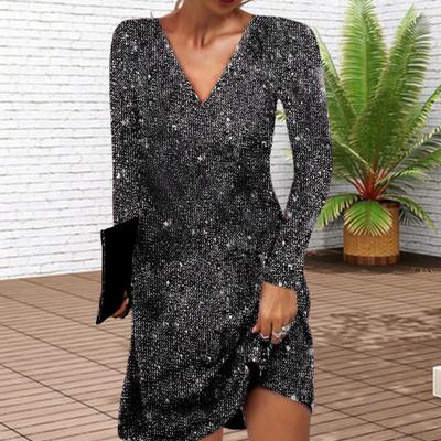 Women Sequin Dress V Neck Loose Long Sleeves Solid Color Evening Dress