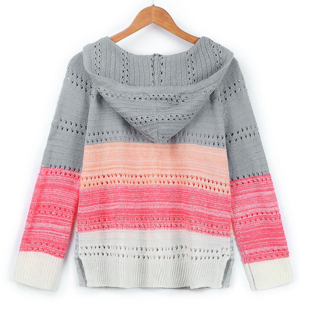 Fashion Women Casual Patchwork Long Sleeves Hooded Sweater Cardigan Blouse Tops