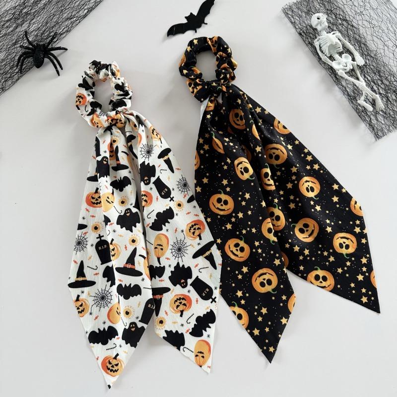 1PC Hot-selling Halloween Streamer Hair Band New Funny Pumpkin Satin Print Female Ponytail Large Intestine Ring Hair Decoration