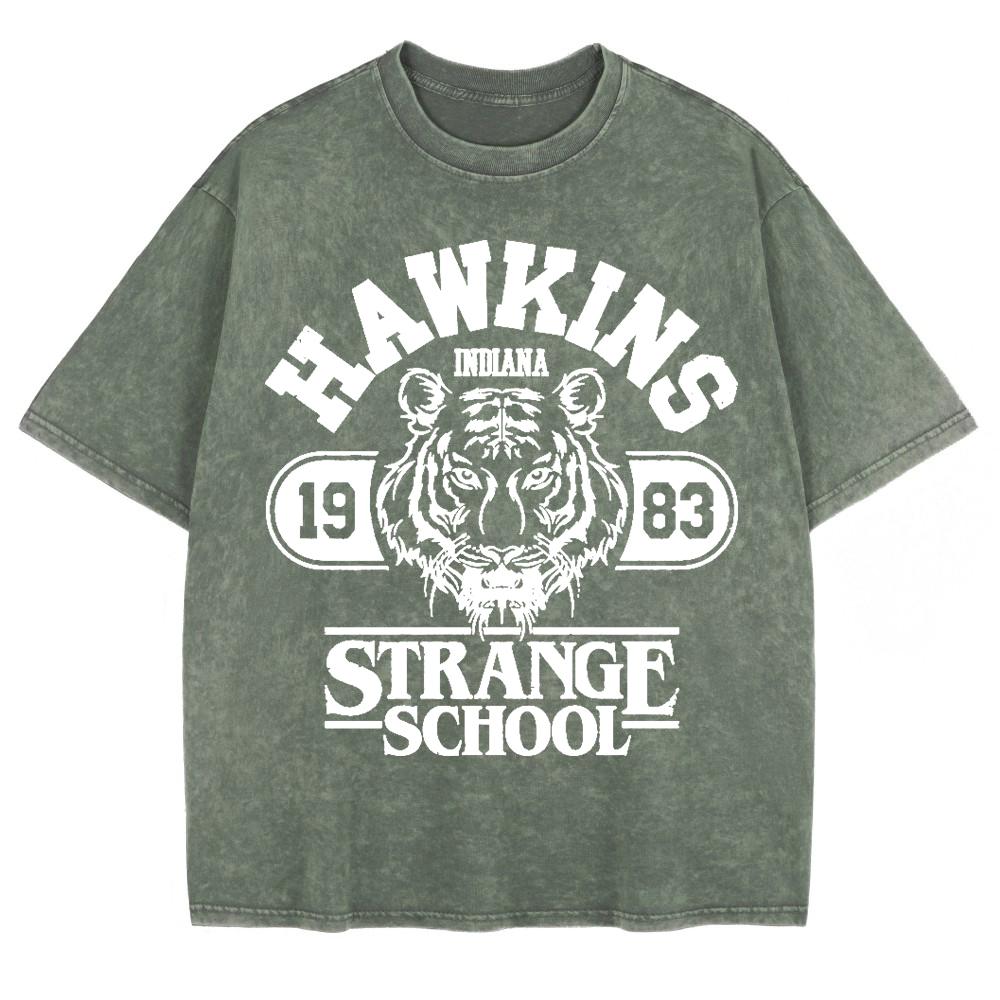 Hawkins Strange School Prints Washed T-Shirts Mens Cotton Short Sleeve Tops Summer O-Neck Oversize T Shirt Clothes