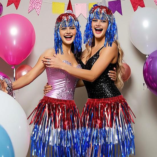 Yousheng Folien Lametta Perücken und Kostüm Disco Themen Fransen Outfit mit elastischer Taille Metallic Cosplay Tanzzubehör