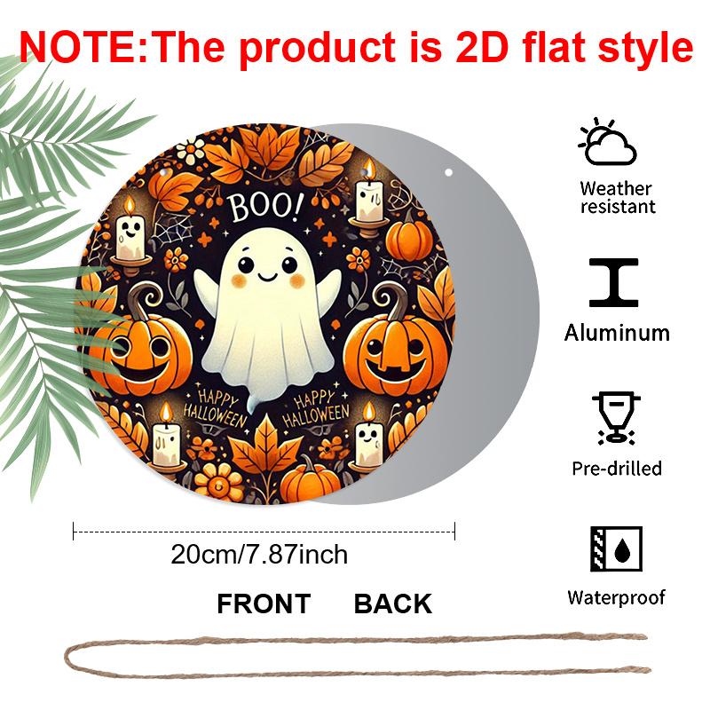 2D Flat, 1pc Vintage Metal Spooky Halloween Wall Sign - Round Aluminum Wall Hanging Decor with Ghosts, Pumpkins, Bats & Cobwebs - Featherless