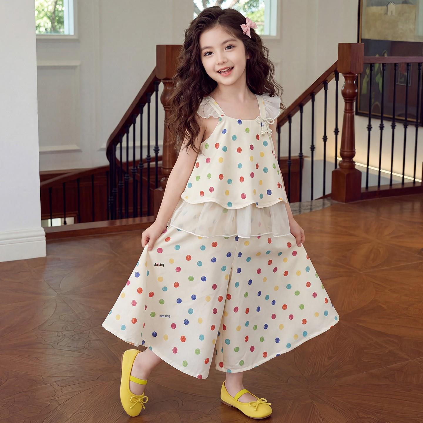 Girls Summer Polka Dot Cotton Tank Top & Pants Set for Toddlers 130 cm бежевый