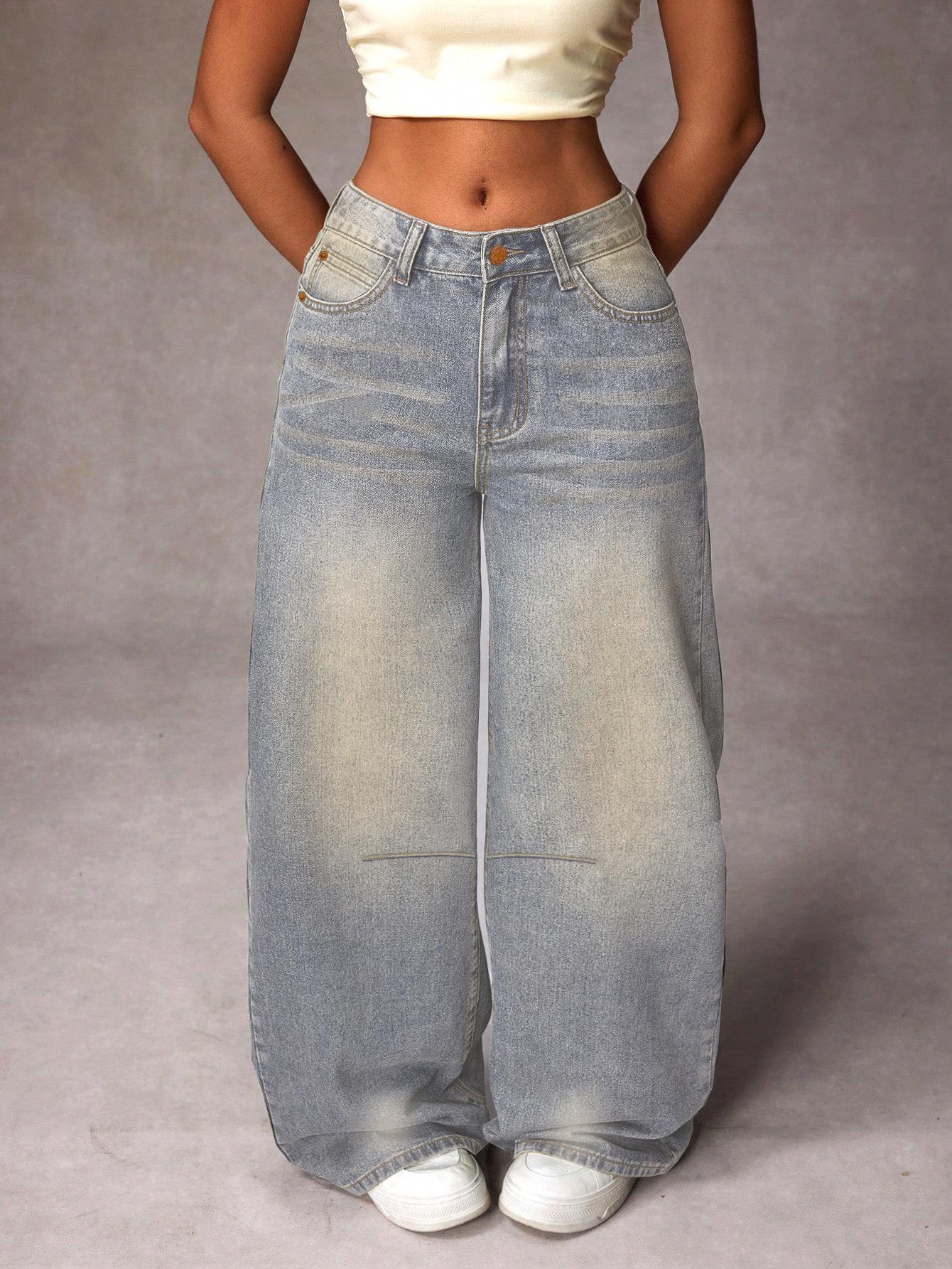 

Women s Retro Blue Wide-Leg Denim Jeans - Loose, Straight, Floor-Length Casual Style. XS синий