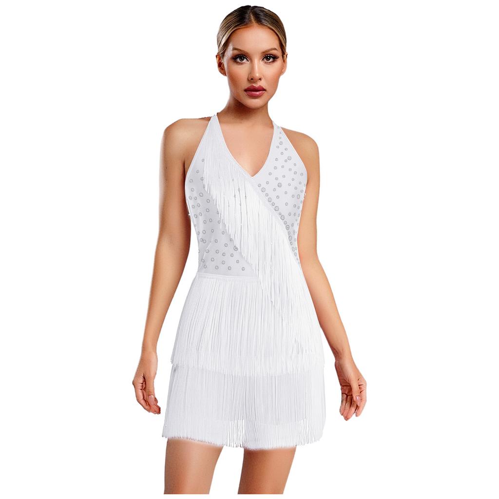 Women Dance Jumpsuit Halter Neck Sleeveless Spark Rhinestones Fringed Strappy Back Latin Dance Costume