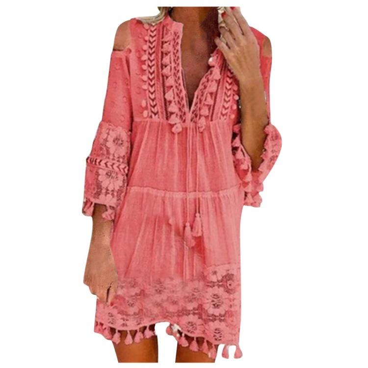Boho Lace Mini Dress Women Fashion V Neck Three Quarter Sleeve Tassel Dress