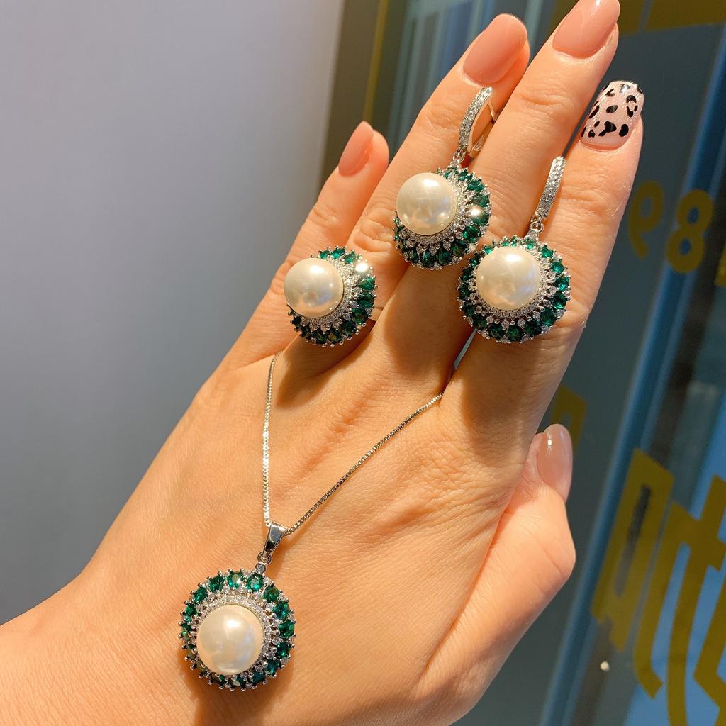Live Streaming New Emerald Australian Pearl Earrings Rings Necklaces Fairy Style Women's Fashion