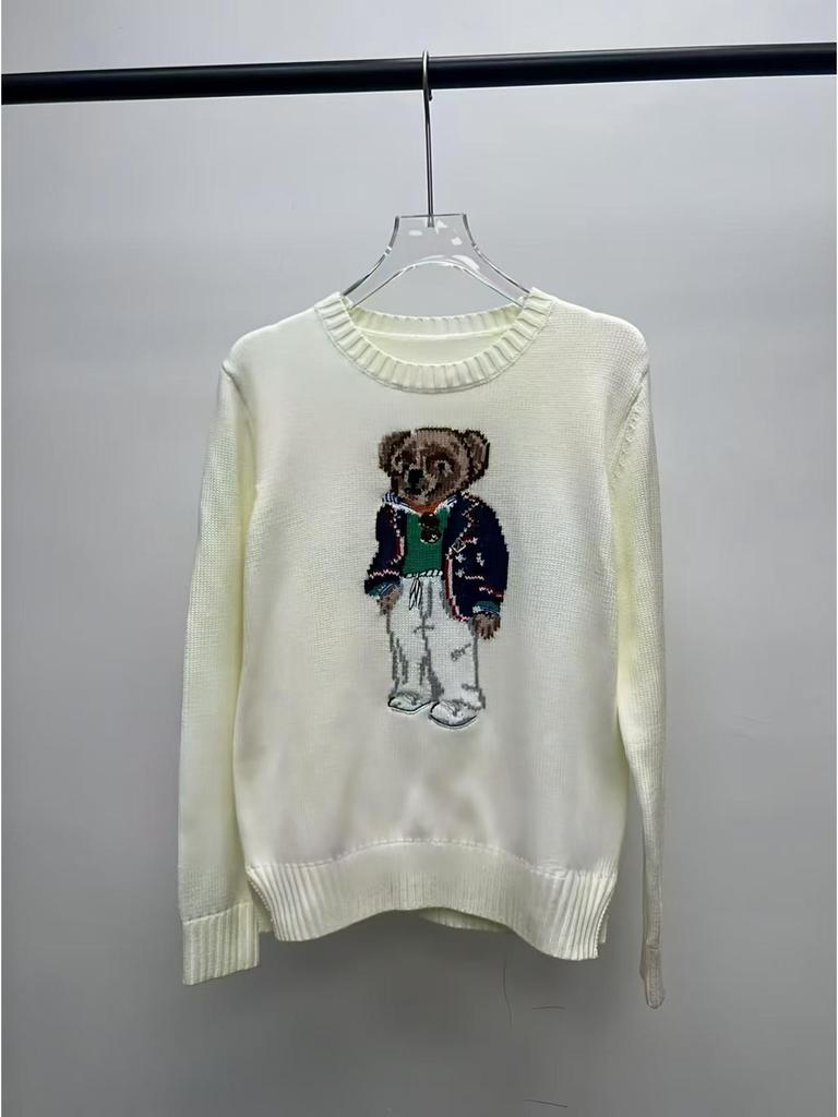 2025 R.L Wool Blend Cartoon Bear Round Neck Sweater - Women's Autumn/Winter Versatile Embroidered Style