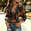 Women's Halloween Print V-Neck Ruffle Blouse with Tie Front and for Party