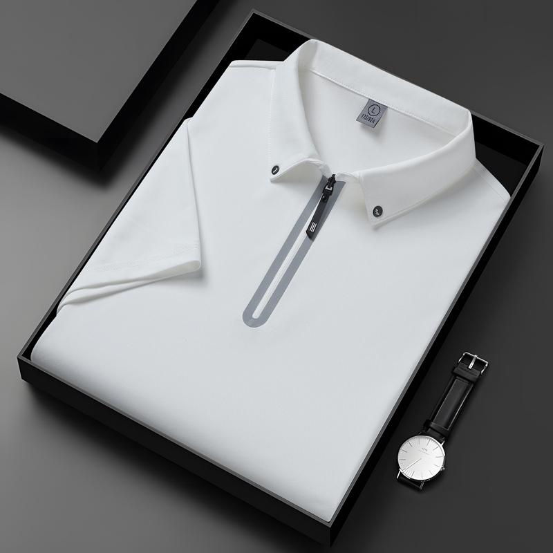 Men's Short Sleeve Polo Shirt, White Ice Silk Half Zip Casual Top, Quick Dry Lightweight Performance Shirt for Summer and Daily Wear