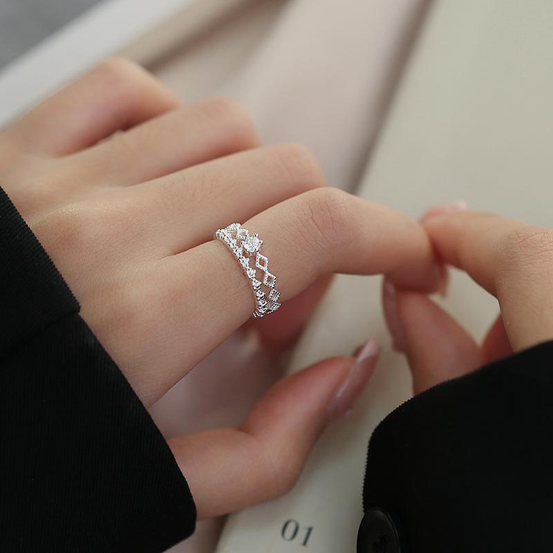 Pierścionek Korona z Podwójnego Cyrkonu Damski Niszowy Design Słodki Otwarty Regulowany Pierścionek Pierścionek na Palec Wskazujący