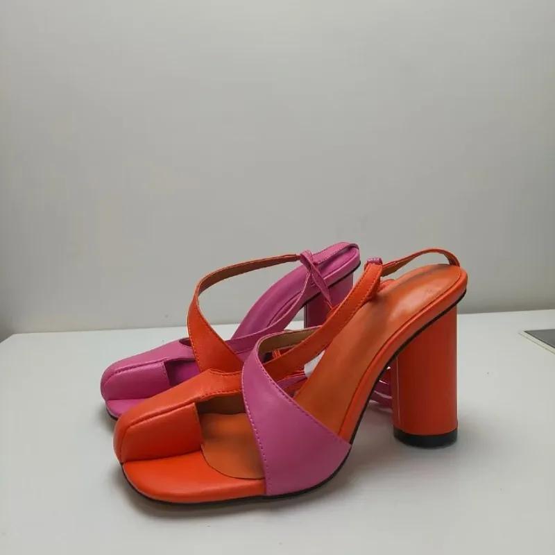 Fashion New Cross Strap Mixed Color Round Heel Sandals European American Runway Style Sexy Side Open Toe High-heeled Women's Shoes 43