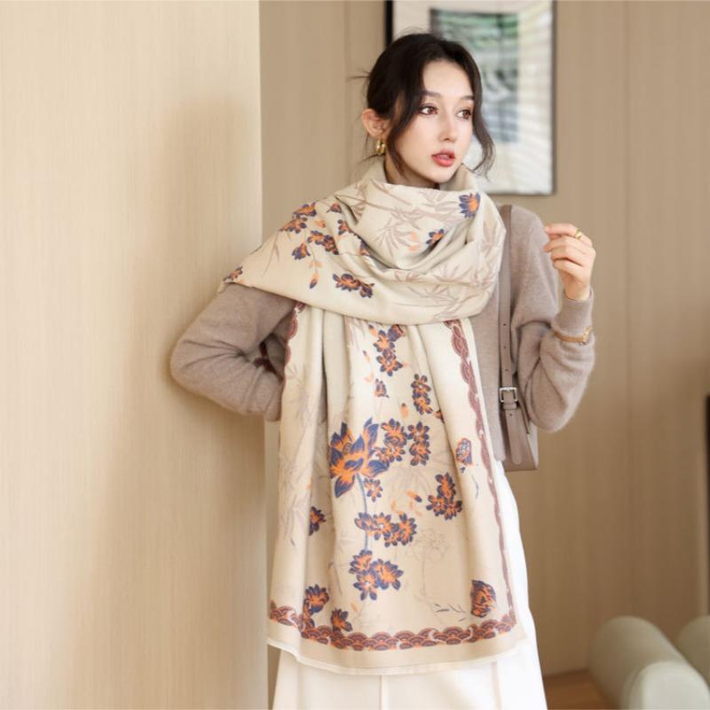 Literary imitation cashmere scarf women's autumn and winter new bamboo field flower jacquard shawl versatile simple warm scarf
