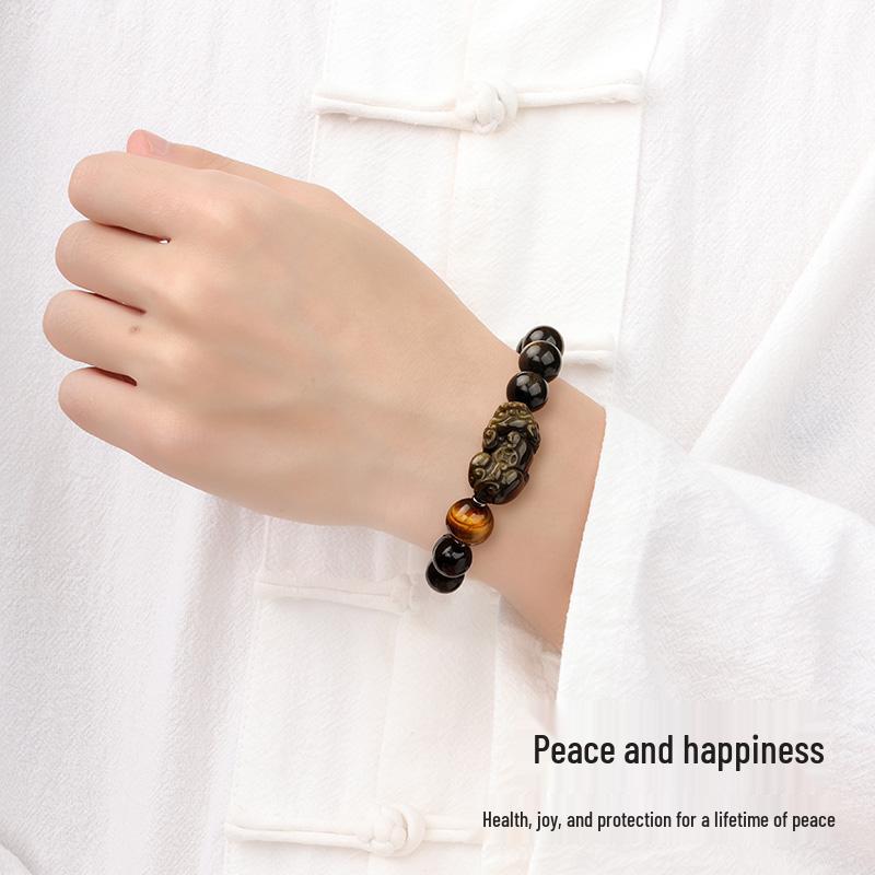 Pi Xiu Gold Obsidian & Tiger's Eye Bracelet with Heart Sutra - Year of the Snake Lucky Charm for Gifts