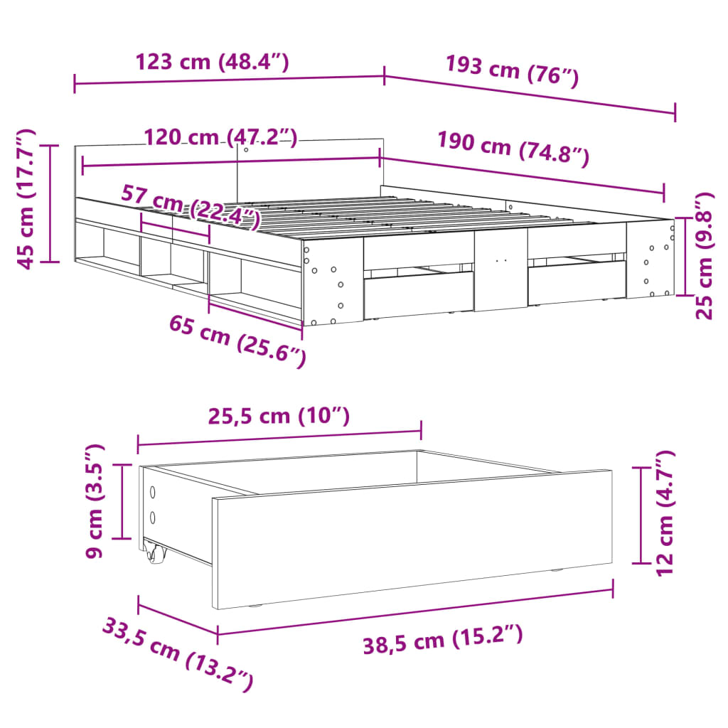 Bed Frame with Drawers Smoked Oak 120 x 190 cm Engineered Wood