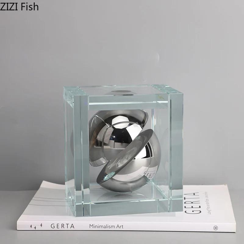 Geometric Square Block Silver Ball Crystal Ball Ornaments Desk Decoration Modern Crafts Abstract Artwork Room Aesthetic Decor